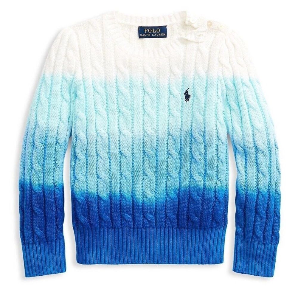 Polo Ralph Lauren Girls Ombre Cable Knit Sweater Ocean Dye Blue White size 5 EUC